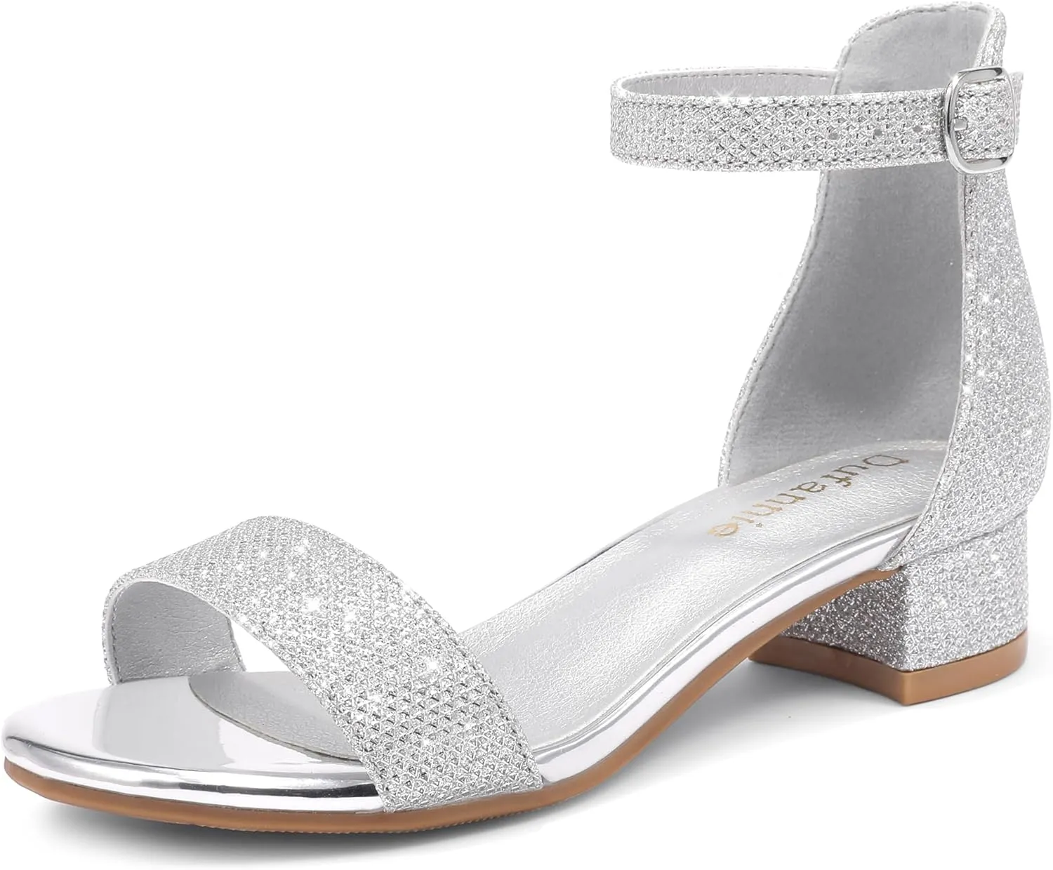 Dufannie Girls Sandals Low Heels Dress Pump Ankle Strap Open Toe Flower Girl Wedding Party for Toddler Little Big Kid
