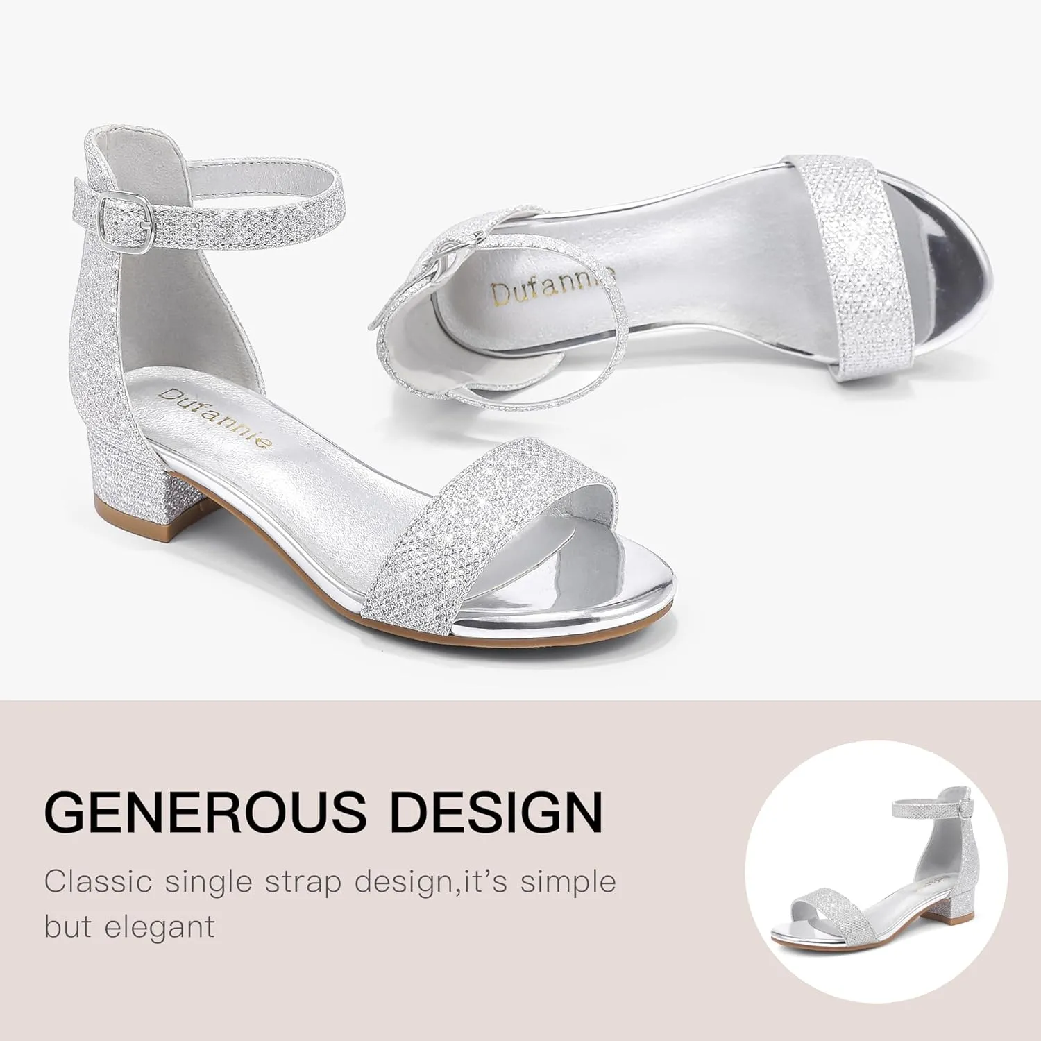 Dufannie Girls Sandals Low Heels Dress Pump Ankle Strap Open Toe Flower Girl Wedding Party for Toddler Little Big Kid