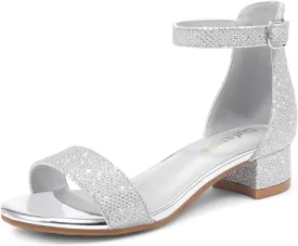 Dufannie Girls Sandals Low Heels Dress Pump Ankle Strap Open Toe Flower Girl Wedding Party for Toddler Little Big Kid
