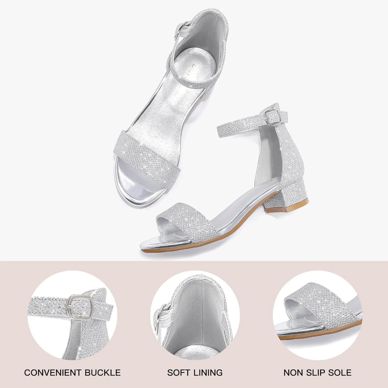 Dufannie Girls Sandals Low Heels Dress Pump Ankle Strap Open Toe Flower Girl Wedding Party for Toddler Little Big Kid