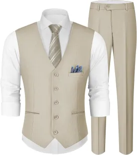 MAGE MALE Men's Linen 2 Piece Suit Slim Fit Wedding Groomsmen Summer Vest Pants Set with Pocket Square