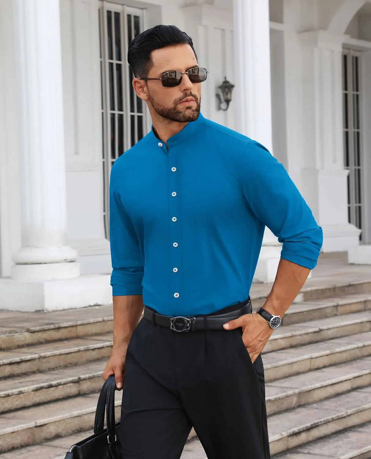Mens Dress Shirts Wrinkle Free Dress Shirts for Men Long Sleeve Button Down Shirts Banded Collar Shirts