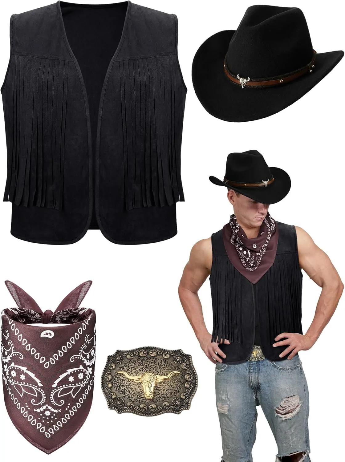 Toulite 4 Pcs Western Outfits for Men Cowboy Tassel Vest Hat Belt Buckle Paisley Bandana for Halloween Cosplay