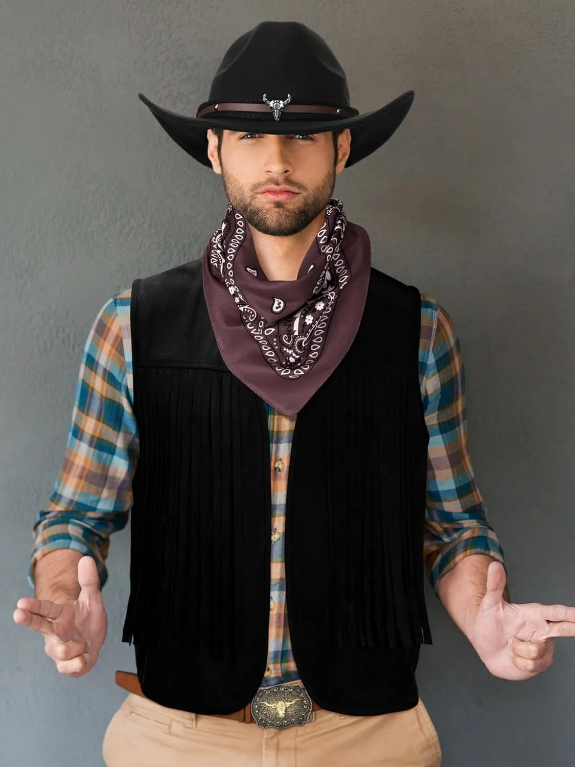 Toulite 4 Pcs Western Outfits for Men Cowboy Tassel Vest Hat Belt Buckle Paisley Bandana for Halloween Cosplay