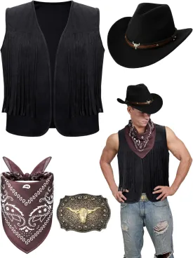 Toulite 4 Pcs Western Outfits for Men Cowboy Tassel Vest Hat Belt Buckle Paisley Bandana for Halloween Cosplay