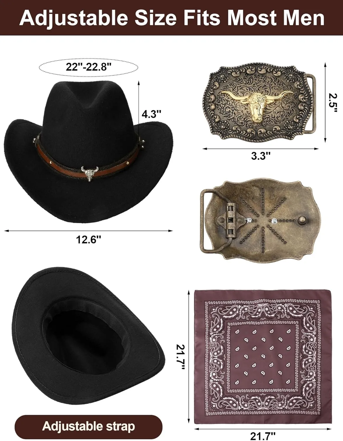 Toulite 4 Pcs Western Outfits for Men Cowboy Tassel Vest Hat Belt Buckle Paisley Bandana for Halloween Cosplay