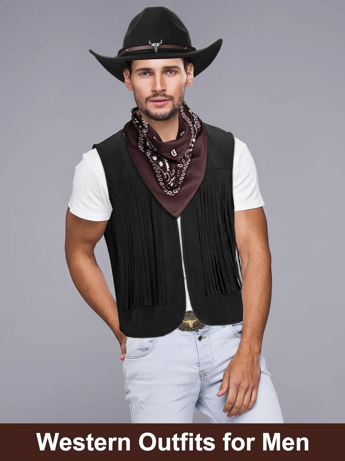 Toulite 4 Pcs Western Outfits for Men Cowboy Tassel Vest Hat Belt Buckle Paisley Bandana for Halloween Cosplay